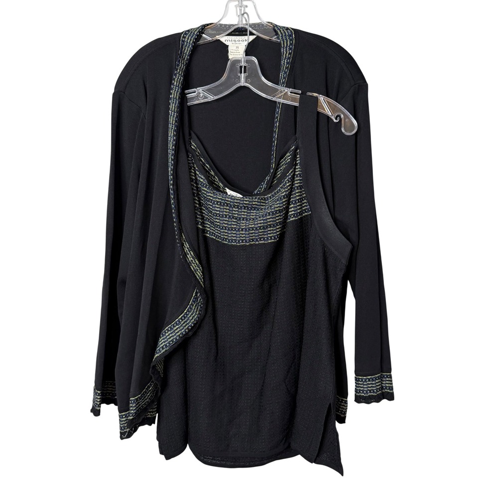 Misook Cardigan Tank Set Woman 3X Black Metallic Trim Slinky Knit 2 Piece Travel